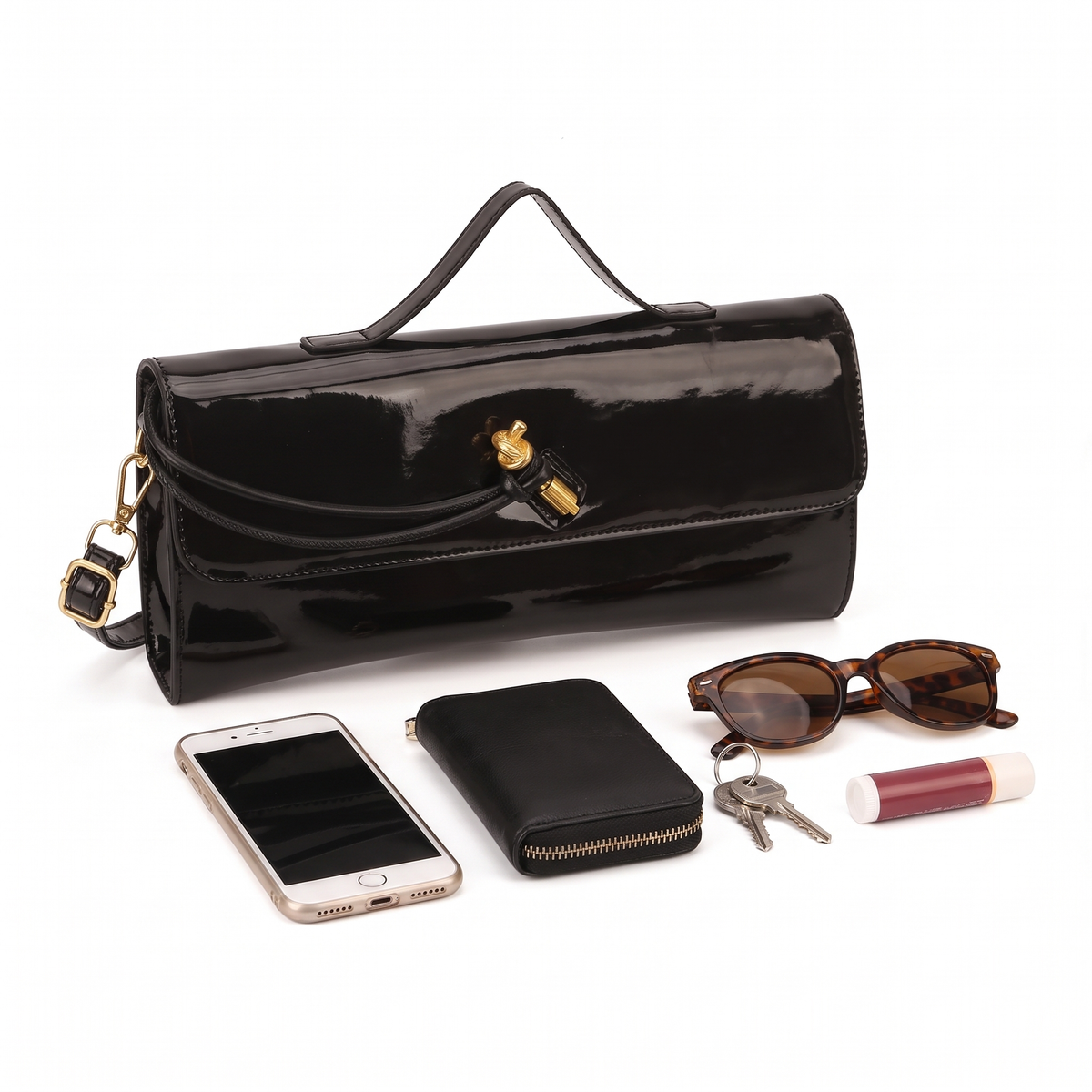 Women's Patent Faux Leather Baguette Bag, what fits inside