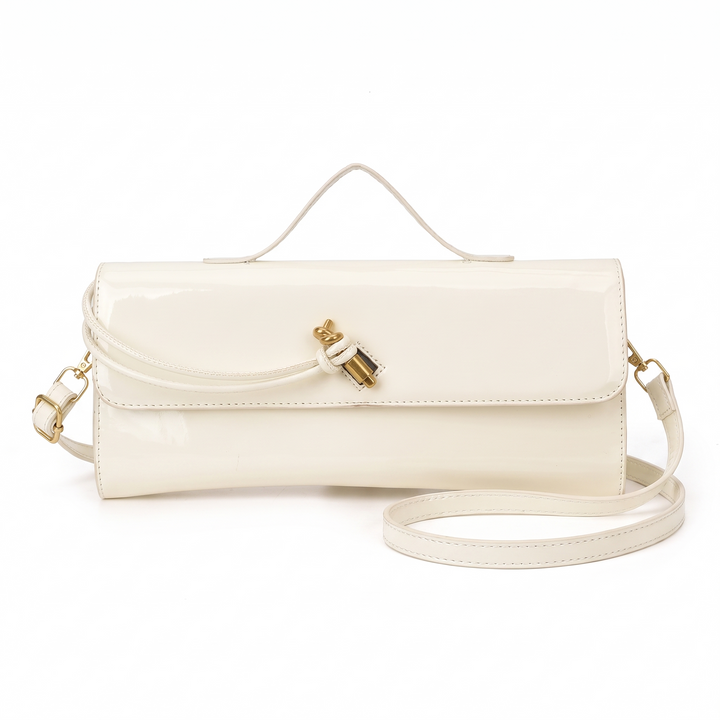 Women's Patent Faux Leather Baguette Bag, Black Gold Knot Flap Shoulder Bag — Cream White