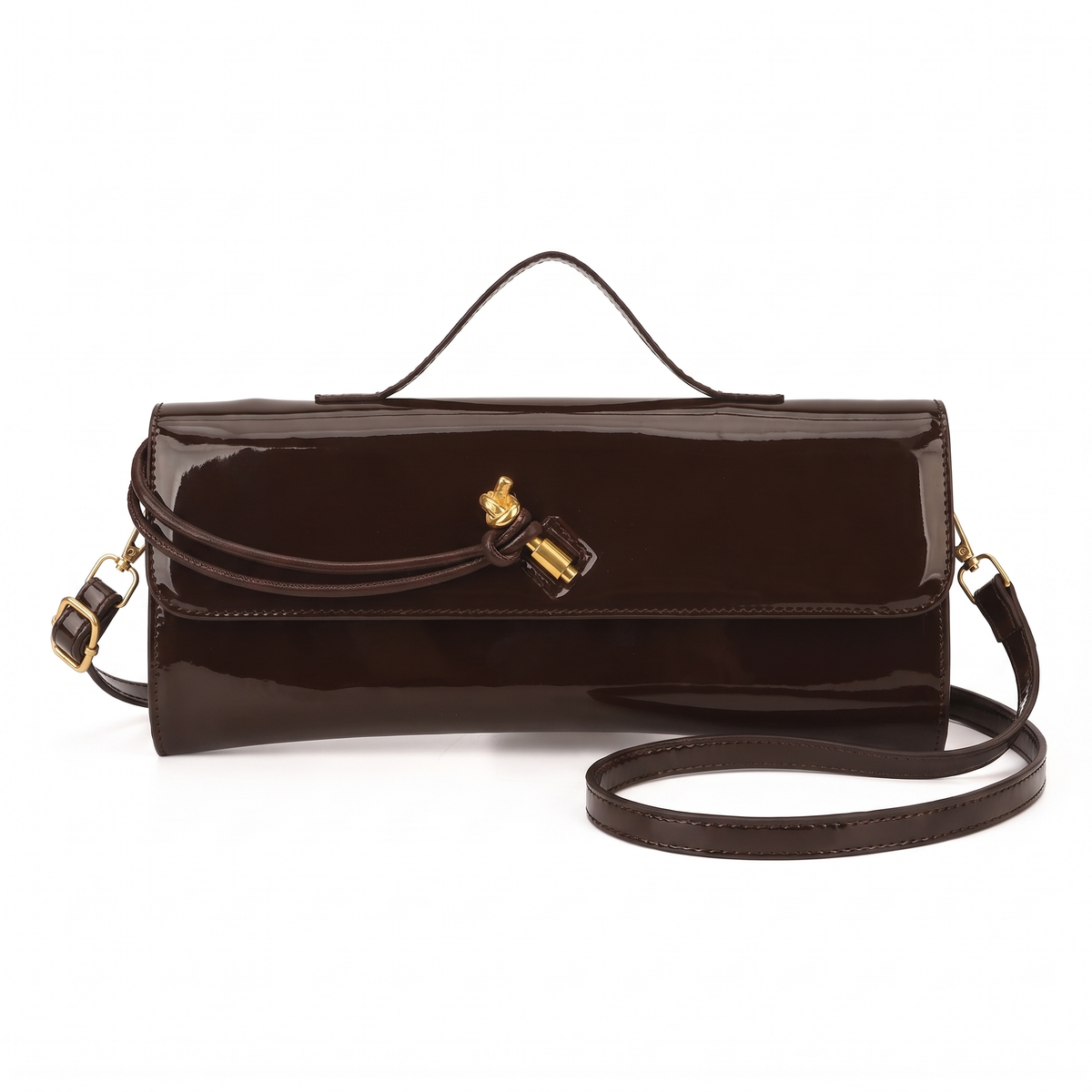 Women's Patent Faux Leather Baguette Bag in Espresso Brown