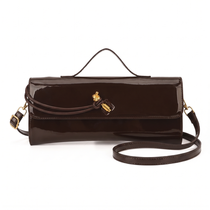 Women's Patent Faux Leather Baguette Bag in Espresso Brown