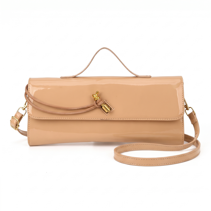 Women's Patent Faux Leather Baguette Bag, Black Gold Knot Flap Shoulder Bag — Tan