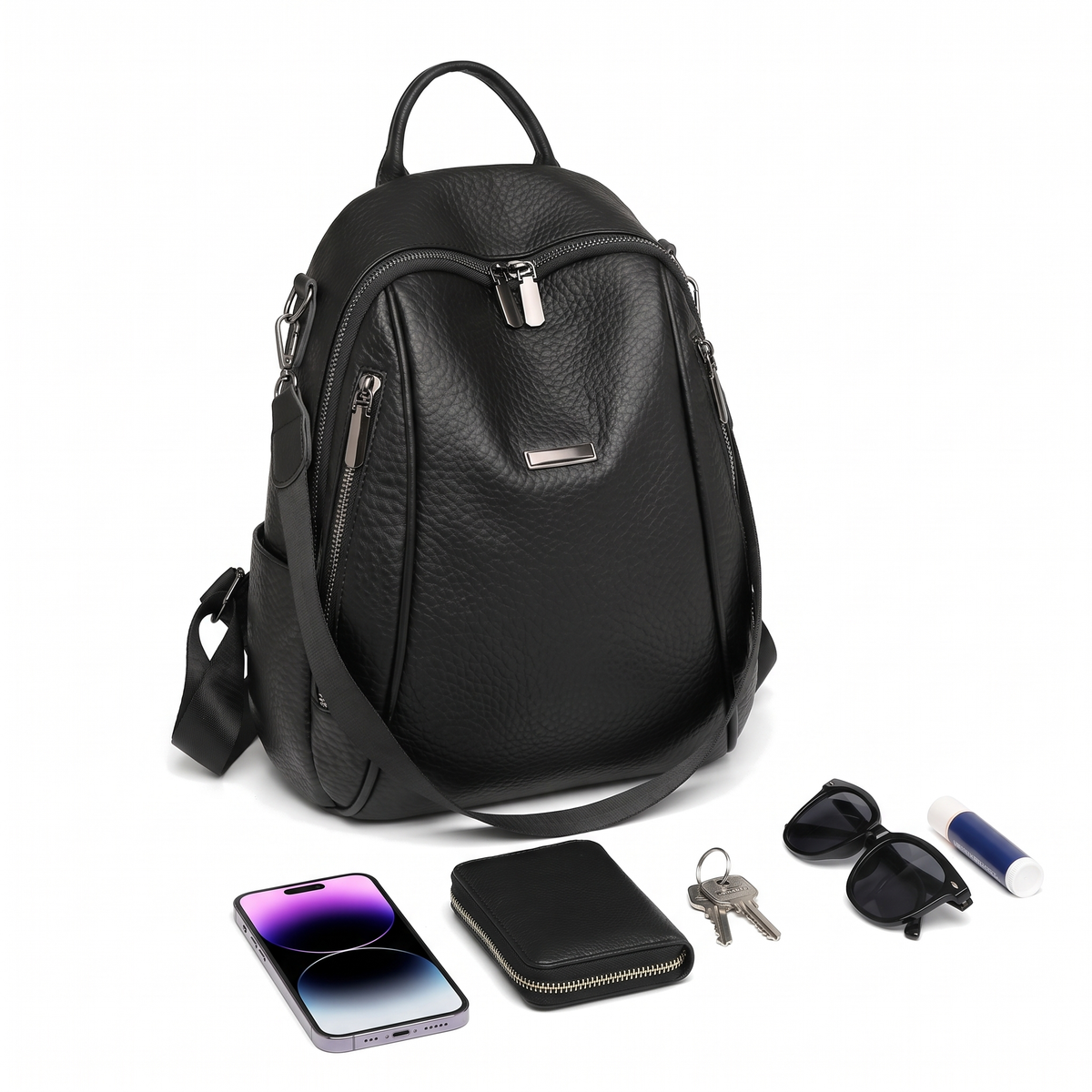 Women's Pebbled Faux Leather Backpack, what fits inside