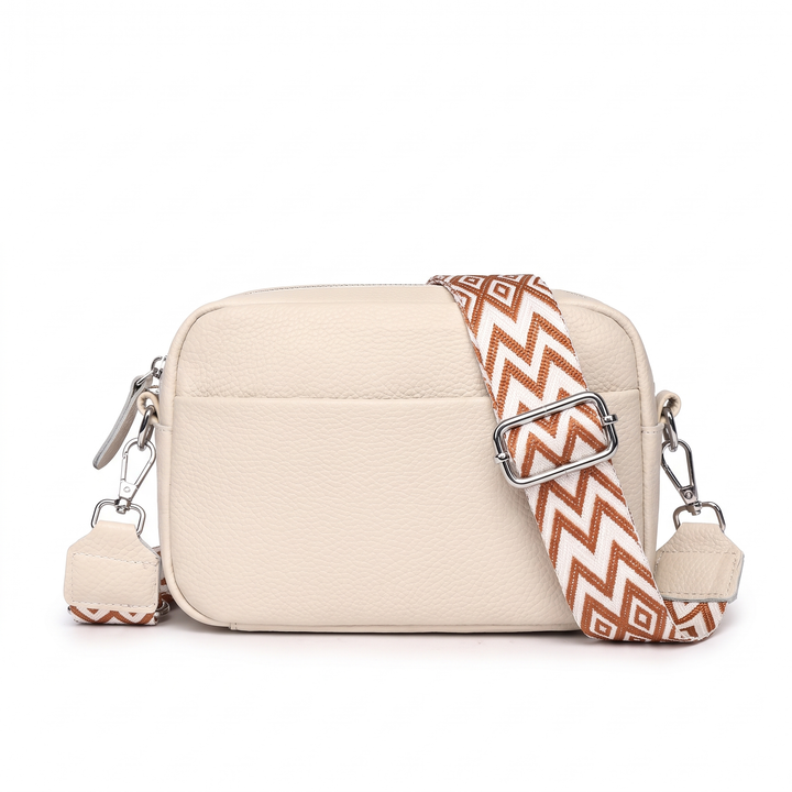 Women's Faux Leather Crossbody Bag, Black Box Bag with Wide Strap — Beige