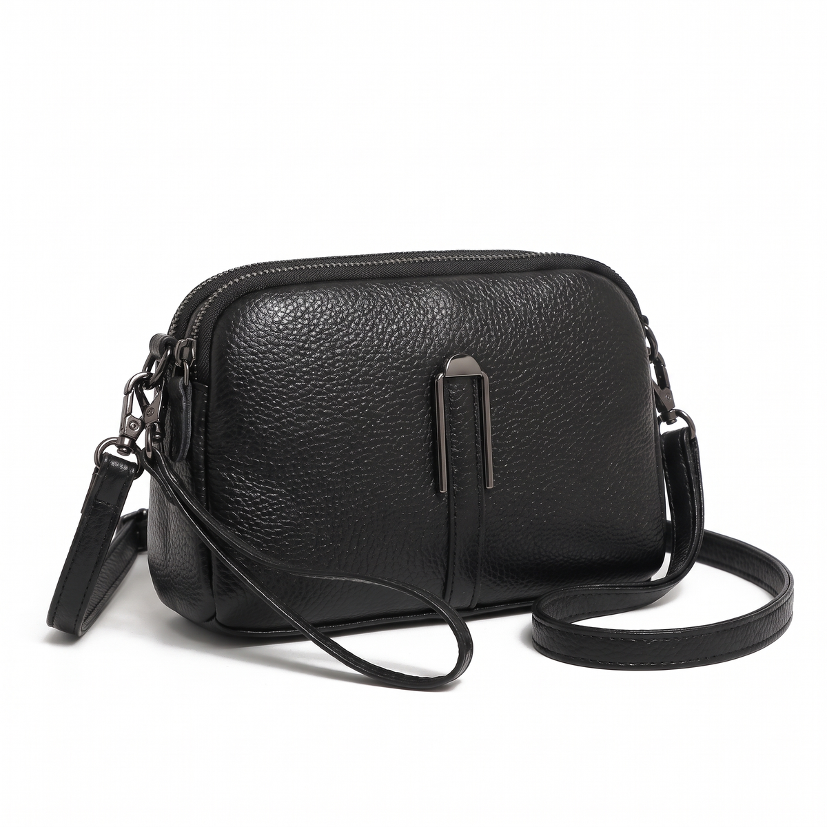 Women's Pebbled Faux Leather Double Zip Crossbody Bag, three-quarter view