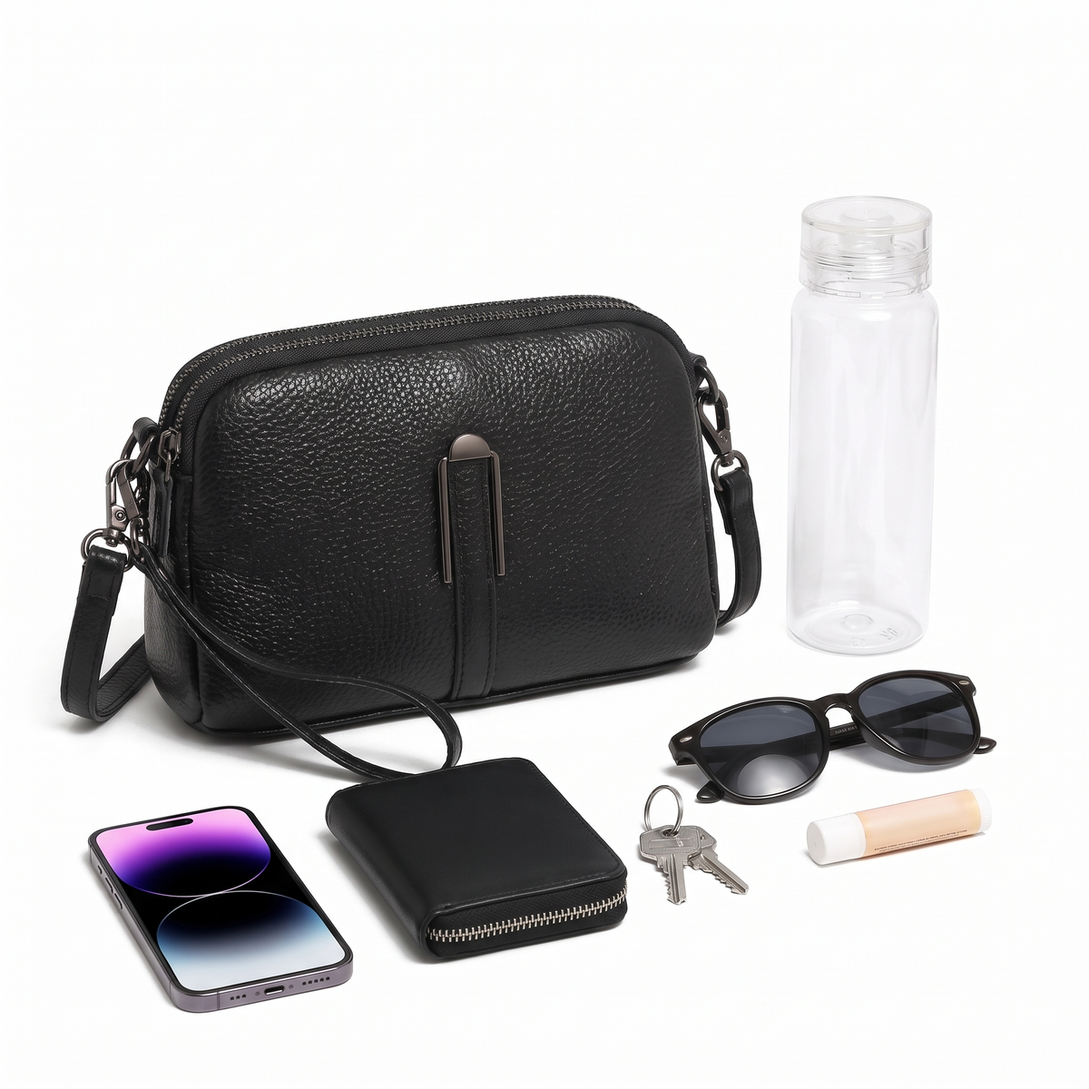 Women's Pebbled Faux Leather Double Zip Crossbody Bag, what fits inside