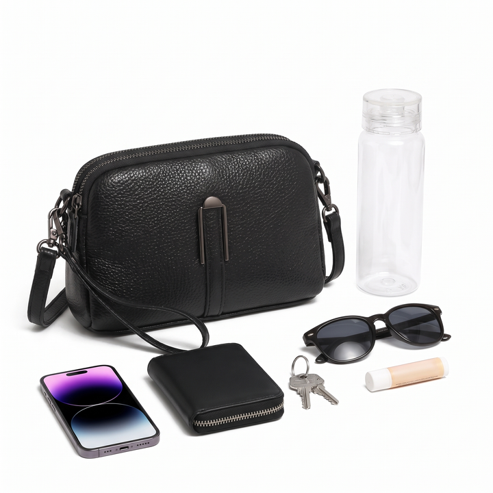 Women's Pebbled Faux Leather Double Zip Crossbody Bag, what fits inside