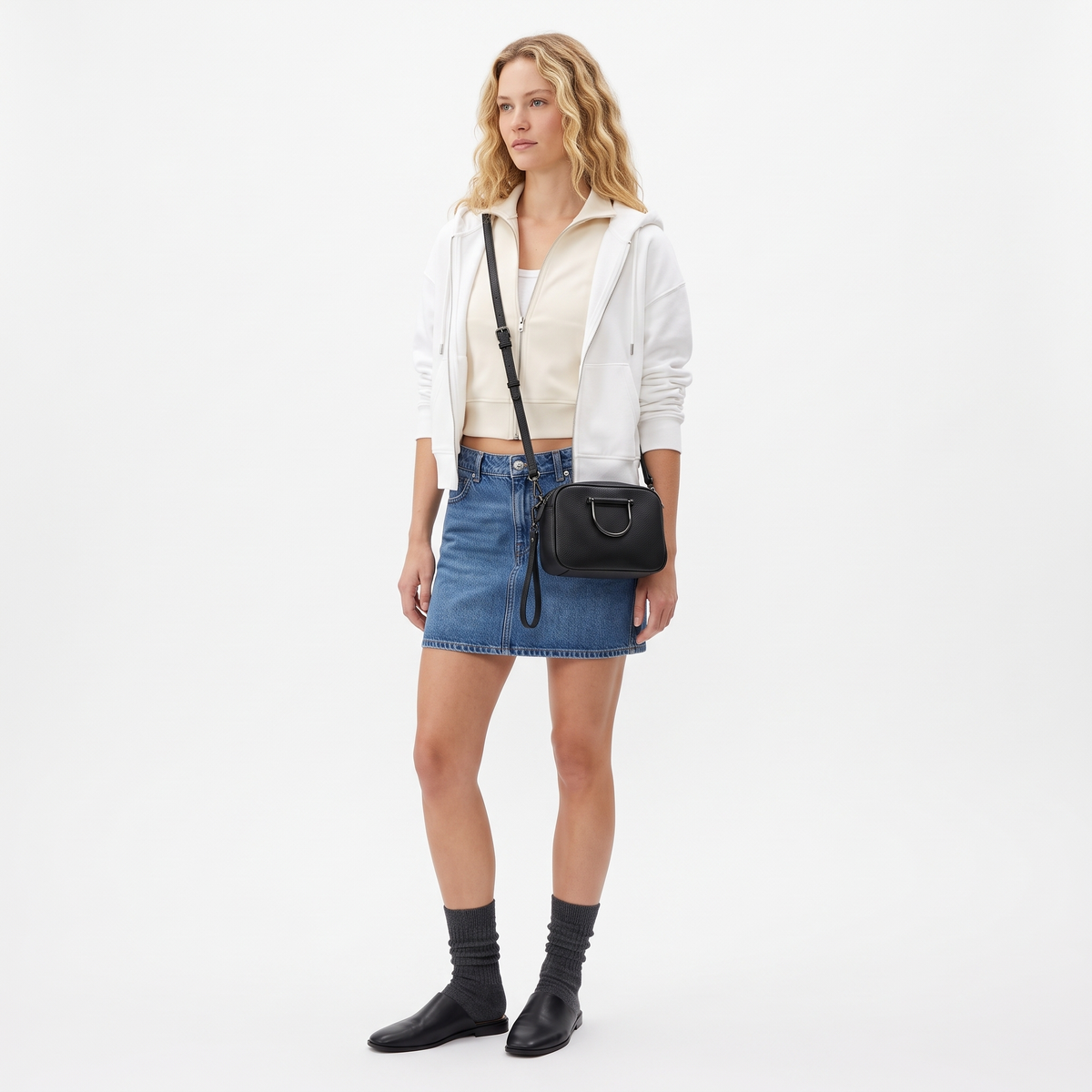Women's Pebbled Faux Leather Double Zip Crossbody Bag, worn by a model