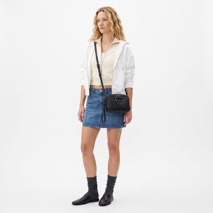 Women's Pebbled Faux Leather Double Zip Crossbody Bag, worn by a model