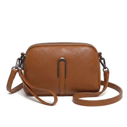 Women's Pebbled Faux Leather Double Zip Crossbody Bag in Brown