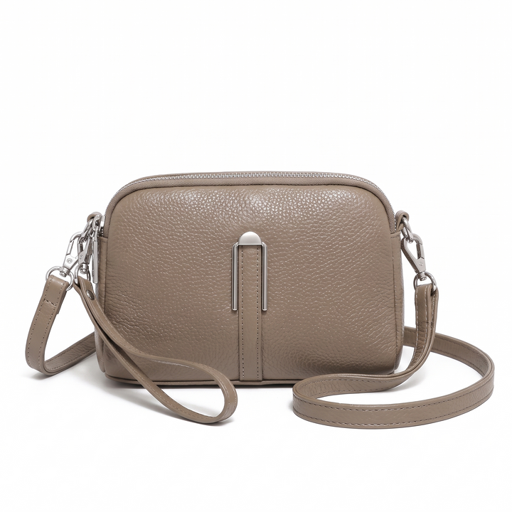 Women's Pebbled Faux Leather Crossbody Bag, Black Double Zip — Khaki
