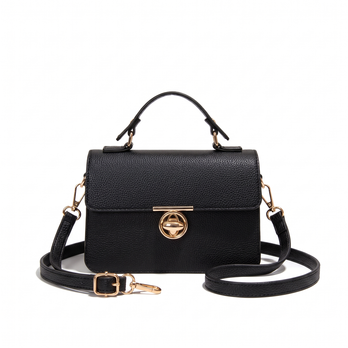 Women's Pebbled Faux Leather Flap Bag in Black