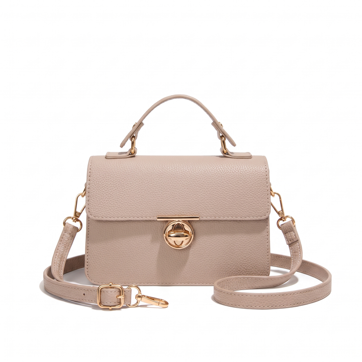 Women's Pebbled Faux Leather Flap Bag, Cognac Turn Lock Top Handle Crossbody — Nude