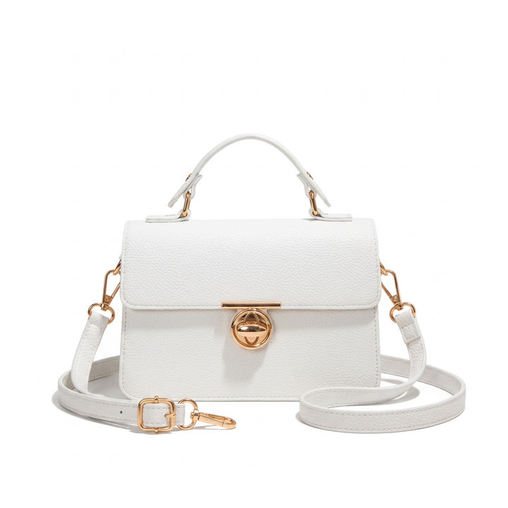 Women's Pebbled Faux Leather Flap Bag, Cognac Turn Lock Top Handle Crossbody — White