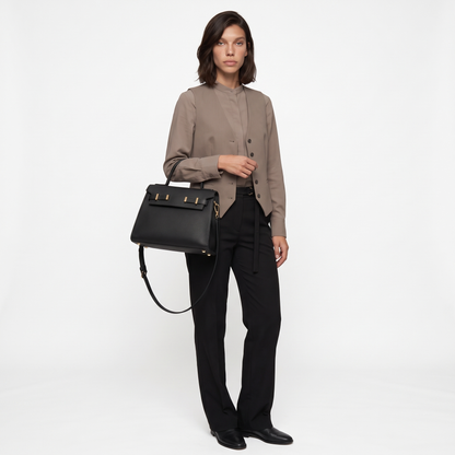 Women's Pebbled Faux Leather Top Handle Bag, worn by a model
