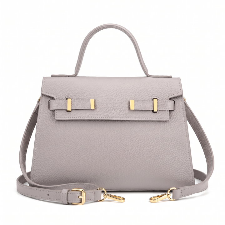 Women's Pebbled Faux Leather Top Handle Bag, Black Structured Flap Handbag — Dove Grey