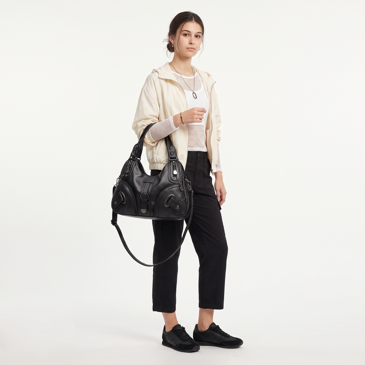 Women's Pebbled Vegan Leather Hobo Bag, worn by a model
