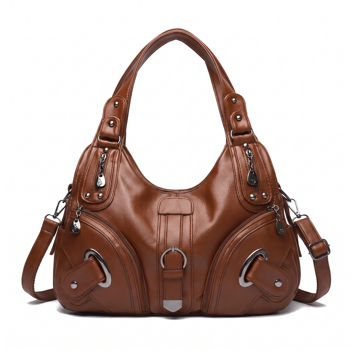 Women's Pebbled Vegan Leather Hobo Bag, Black Buckle Multi Pocket Shoulder Bag — Cognac Brown