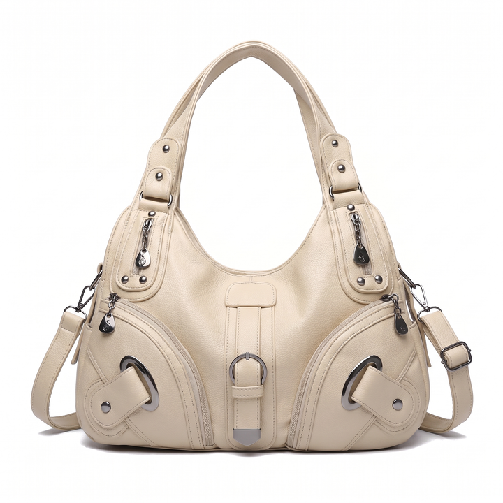 Women's Pebbled Vegan Leather Hobo Bag, Black Buckle Multi Pocket Shoulder Bag — Cream