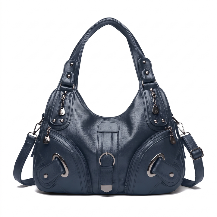 Women's Pebbled Vegan Leather Hobo Bag, Black Buckle Multi Pocket Shoulder Bag — Slate Blue
