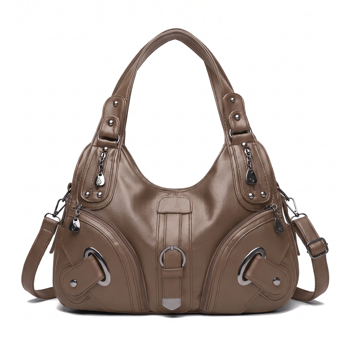 Women's Pebbled Vegan Leather Hobo Bag, Black Buckle Multi Pocket Shoulder Bag — Taupe