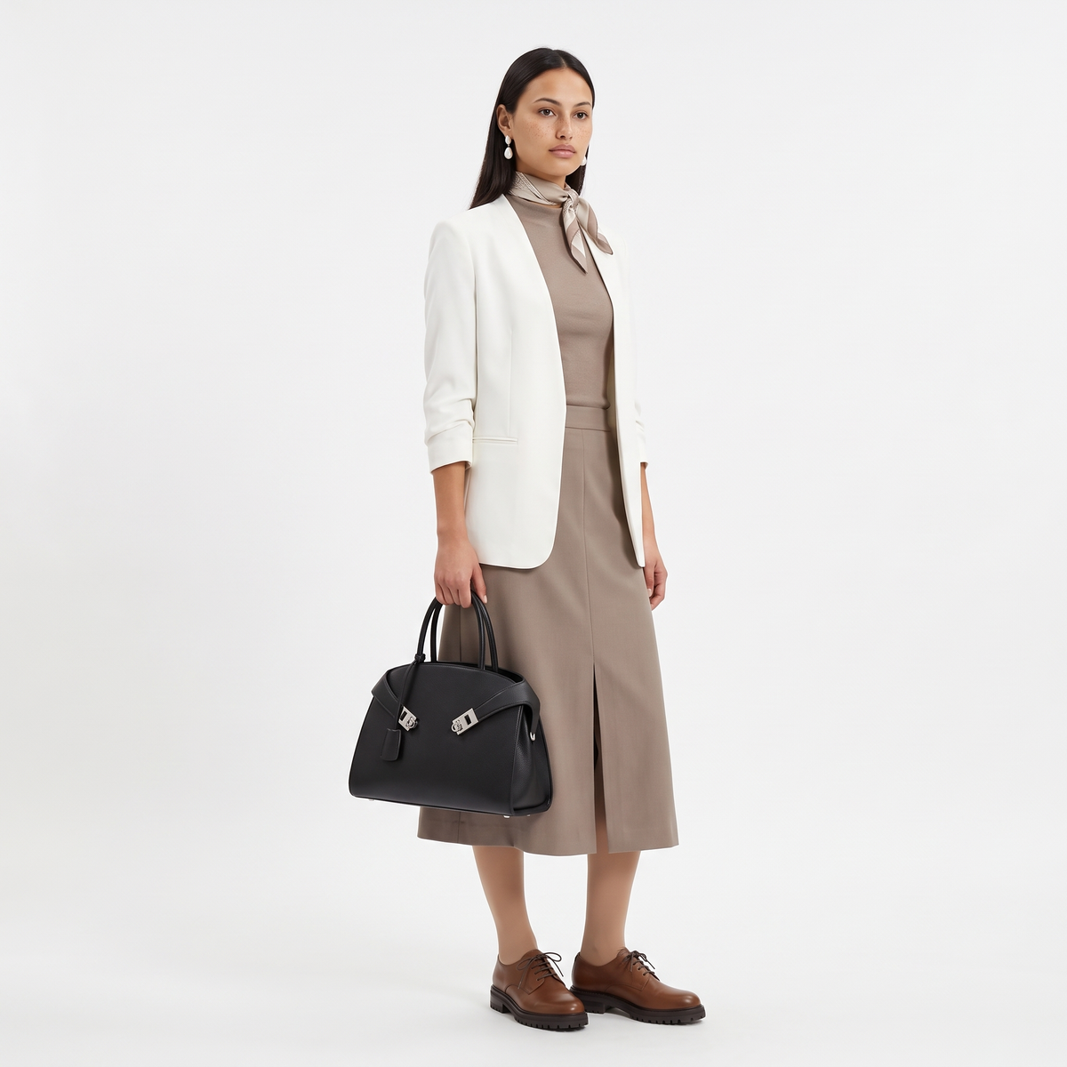 Women's Pebbled Faux Leather Top Handle Bag, worn by a model