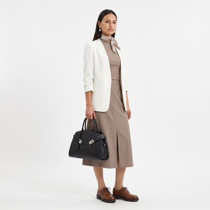 Women's Pebbled Faux Leather Top Handle Bag, worn by a model