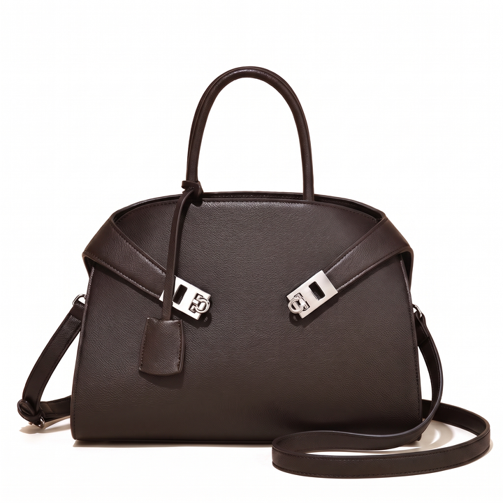 Women's Pebbled Faux Leather Top Handle Bag, Black Turn Lock Structured Handbag — Ebony Brown