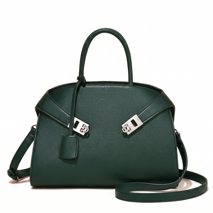 Women's Pebbled Faux Leather Top Handle Bag, Black Turn Lock Structured Handbag — Green
