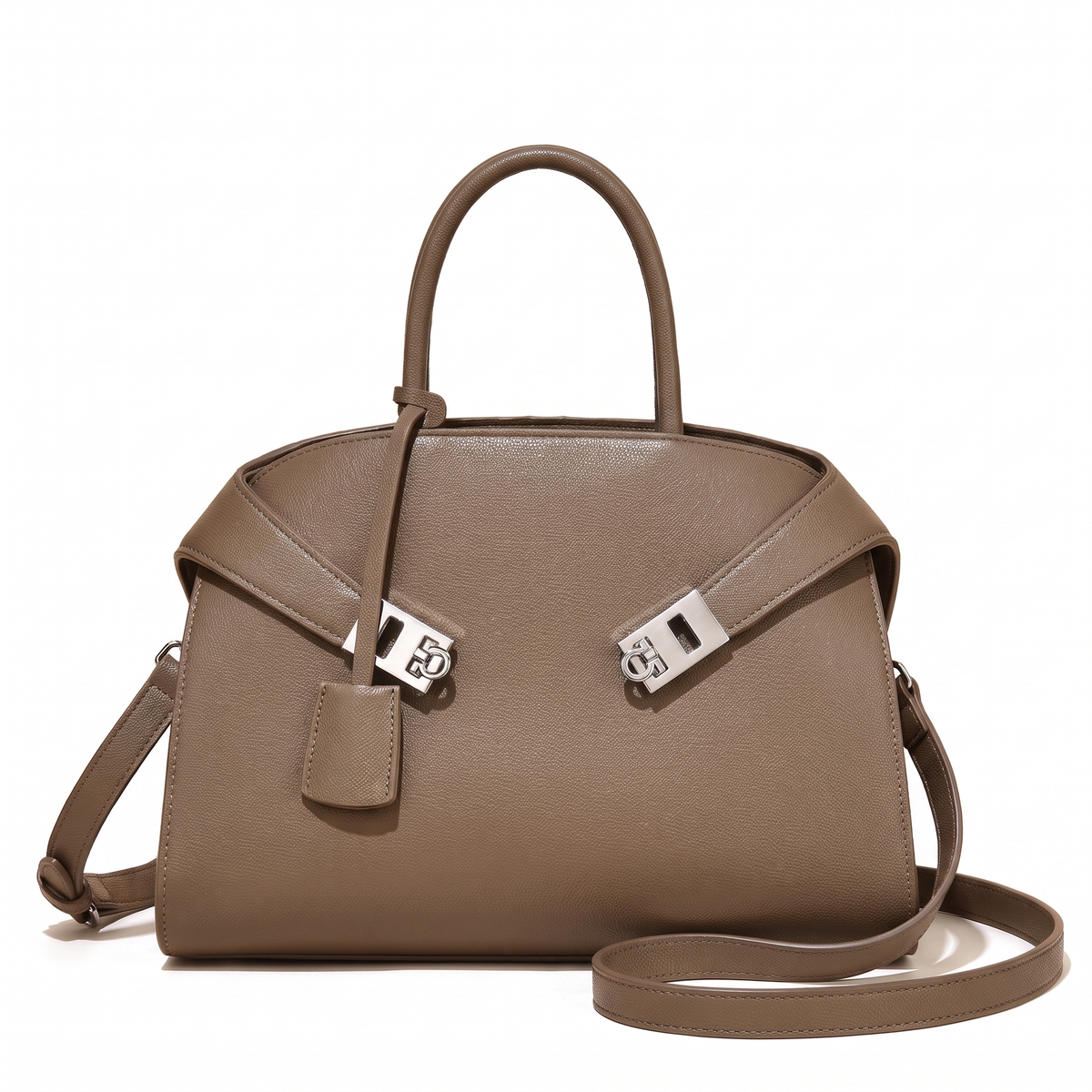 Women's Pebbled Faux Leather Top Handle Bag in Taupe