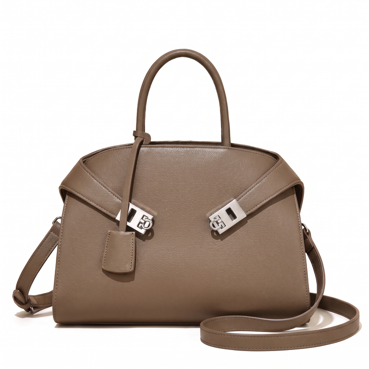 Women's Pebbled Faux Leather Top Handle Bag, Black Turn Lock Structured Handbag — Taupe