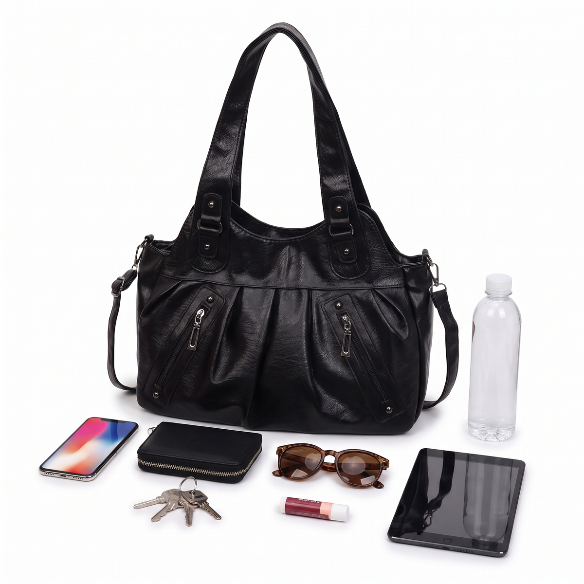 Women's Pleated Faux Leather Hobo Bag, what fits inside