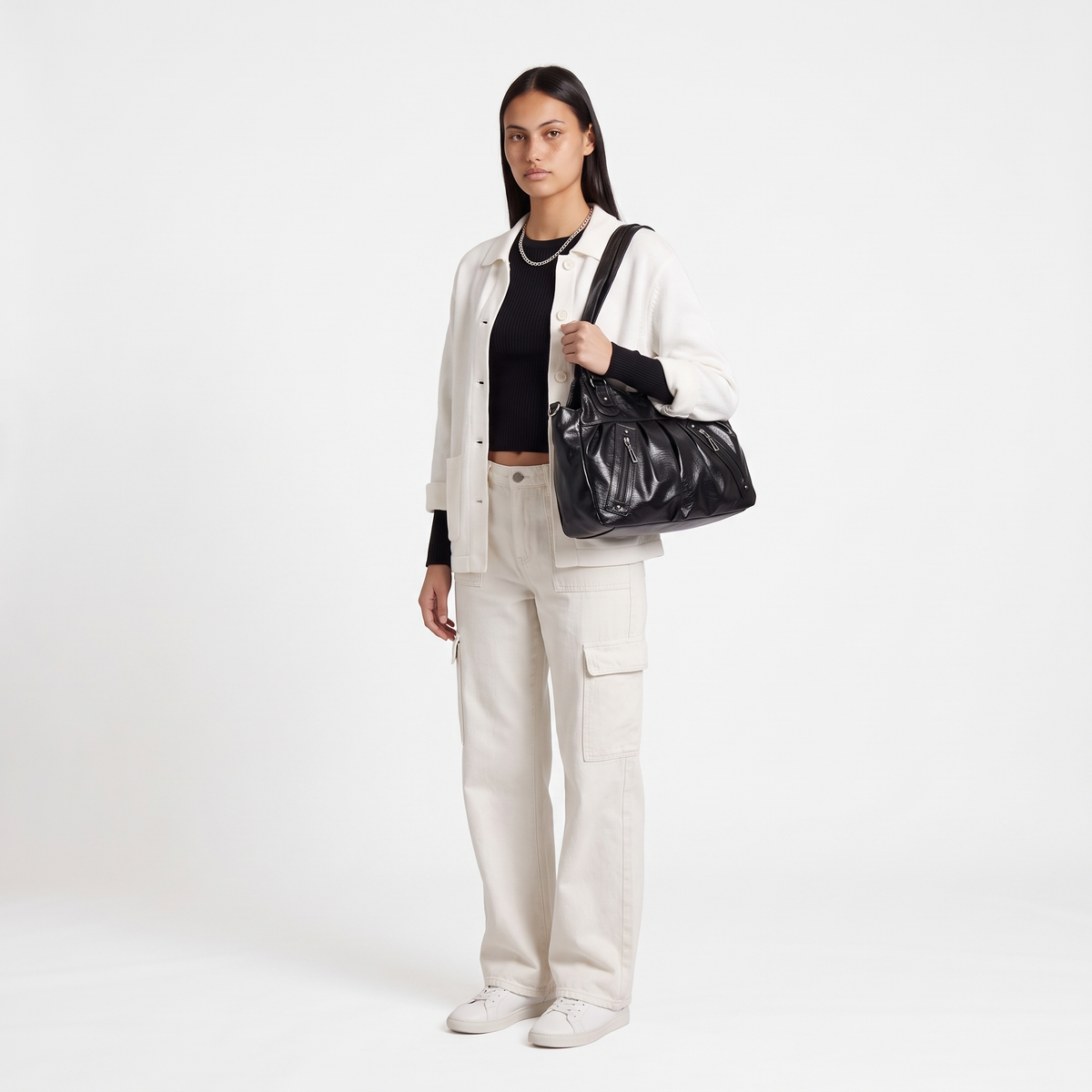 Women's Pleated Faux Leather Hobo Bag, worn by a model