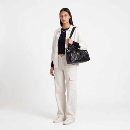 Women's Pleated Faux Leather Hobo Bag, worn by a model