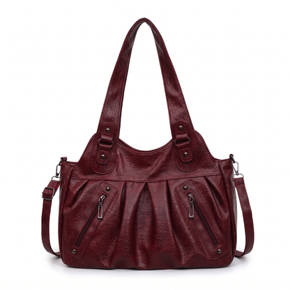 Women's Pleated Faux Leather Hobo Bag in Burgundy