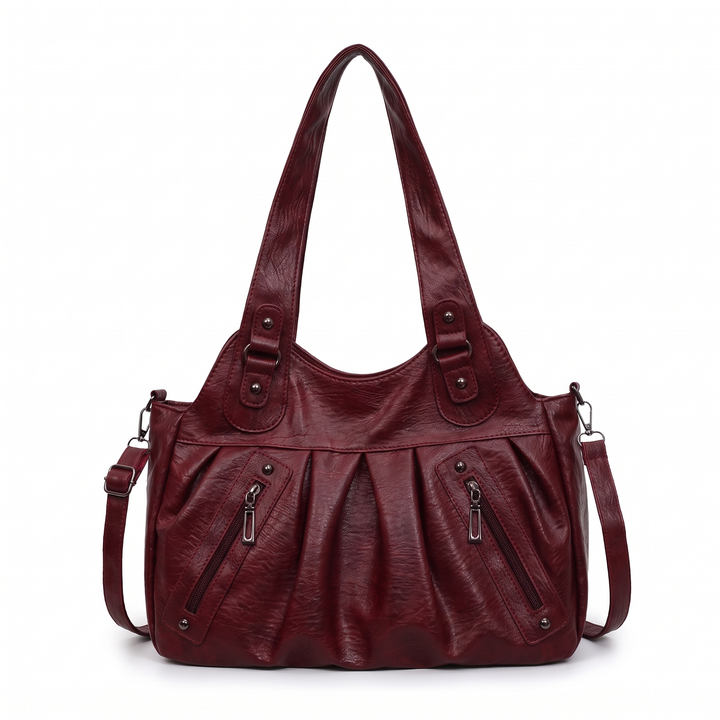 Women's Slouchy Faux Leather Hobo Bag, Black Pleated Shoulder Bag — Burgundy