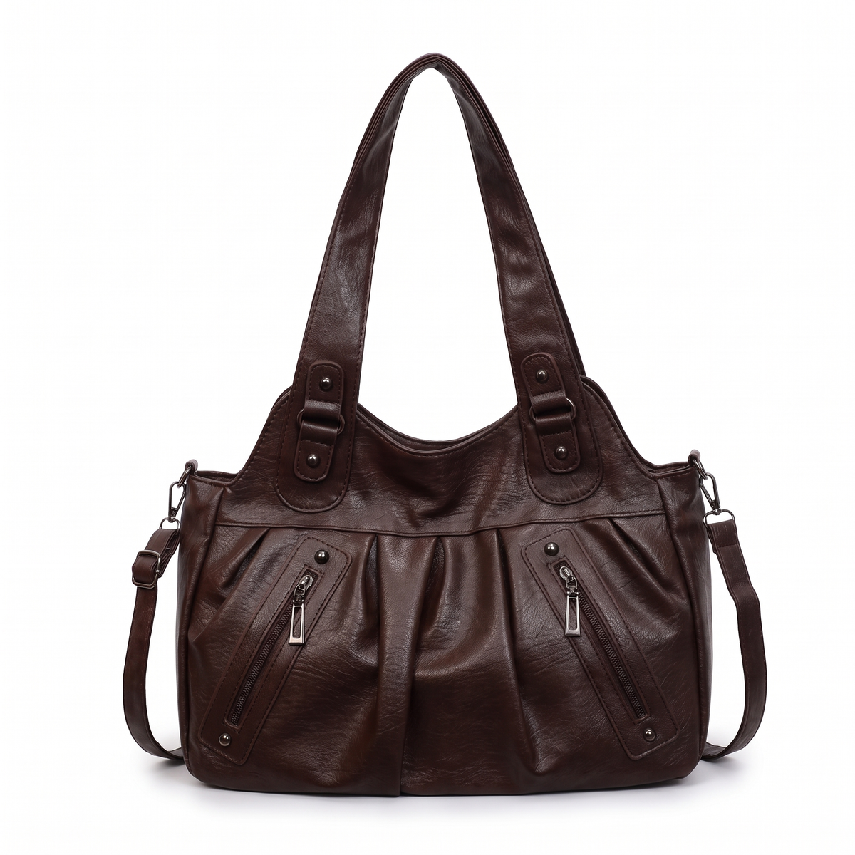 Women's Pleated Faux Leather Hobo Bag in Chocolate Brown