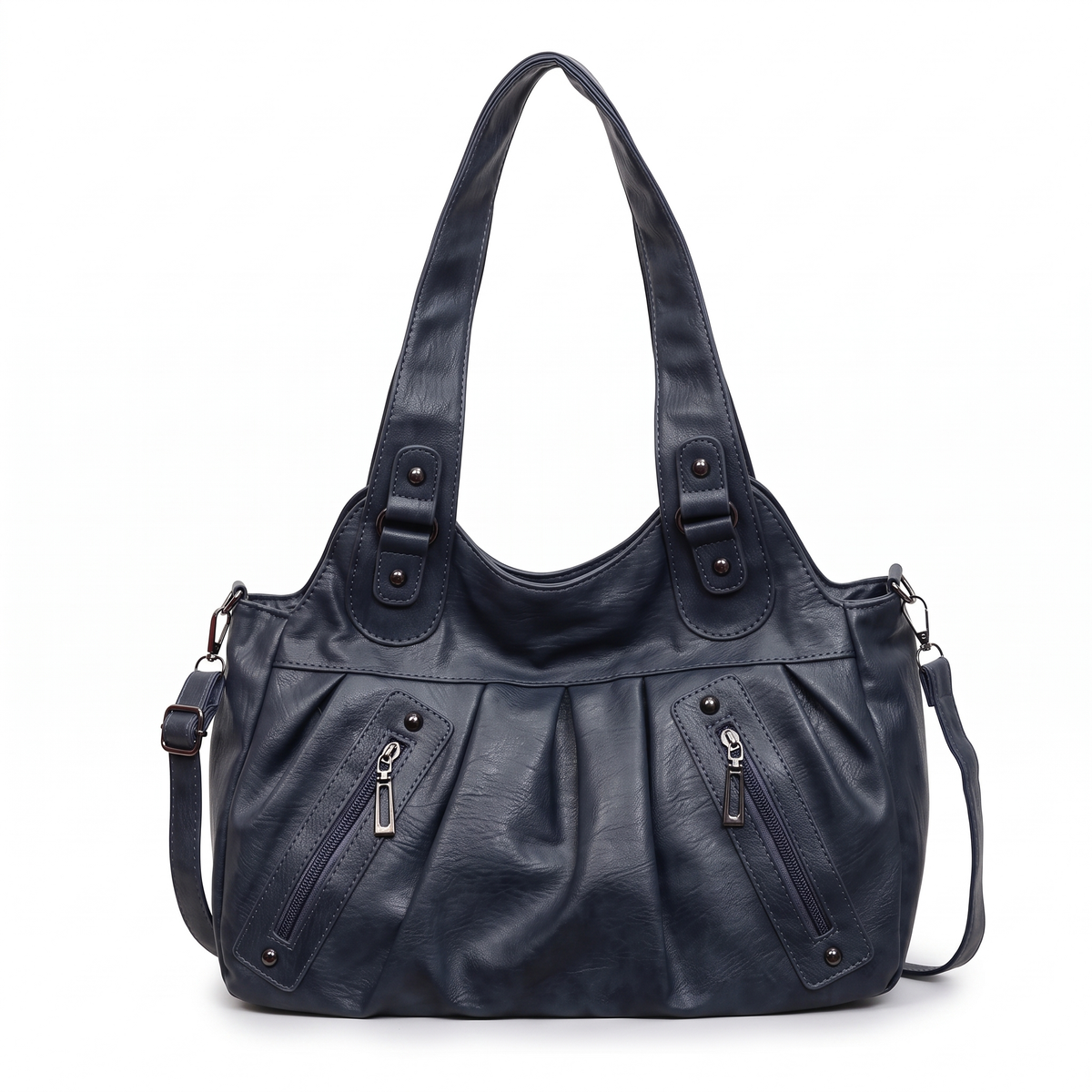 Women's Pleated Faux Leather Hobo Bag in Navy