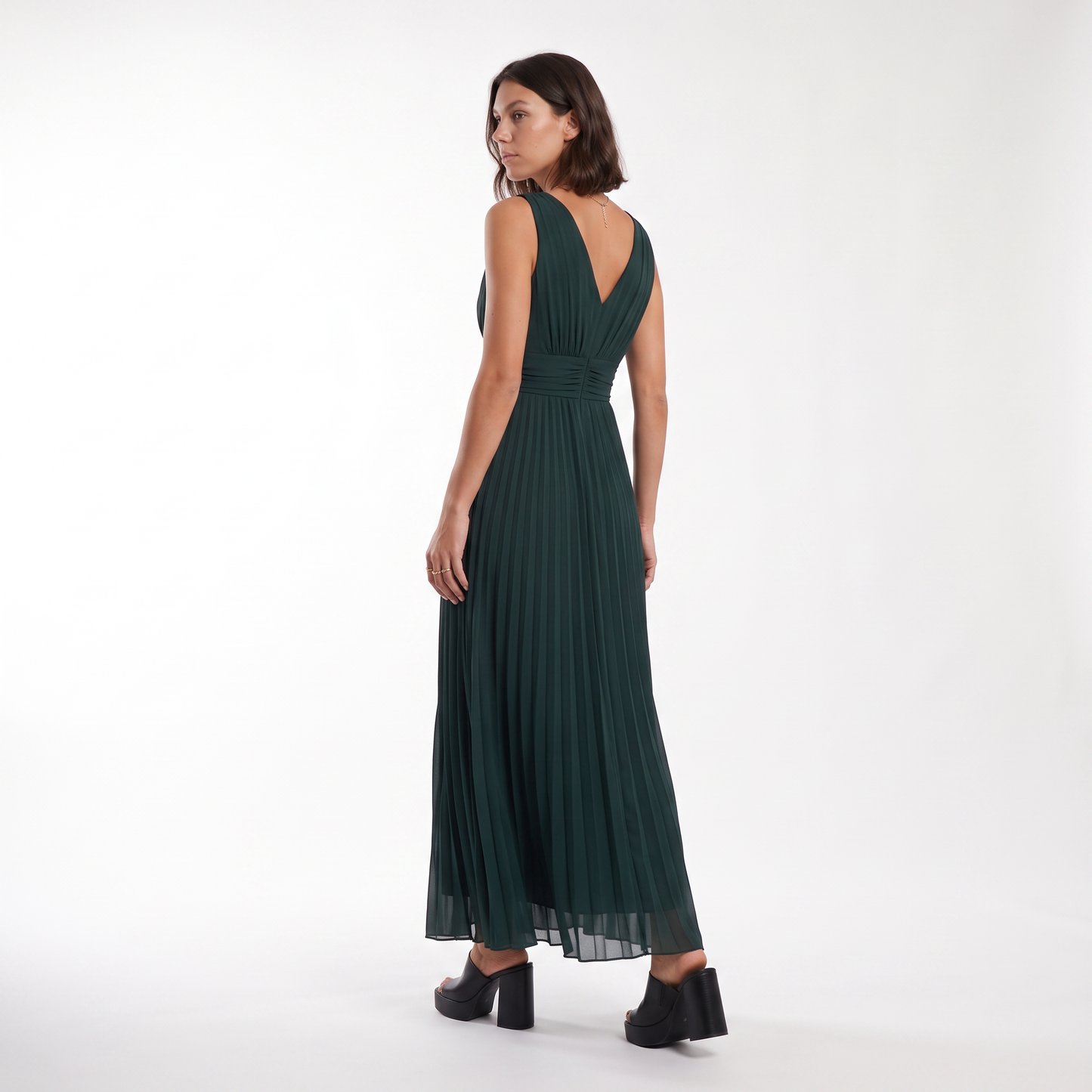 Sunoire womens pleated v neck maxi dress elegant flowing occasion dress back view 01