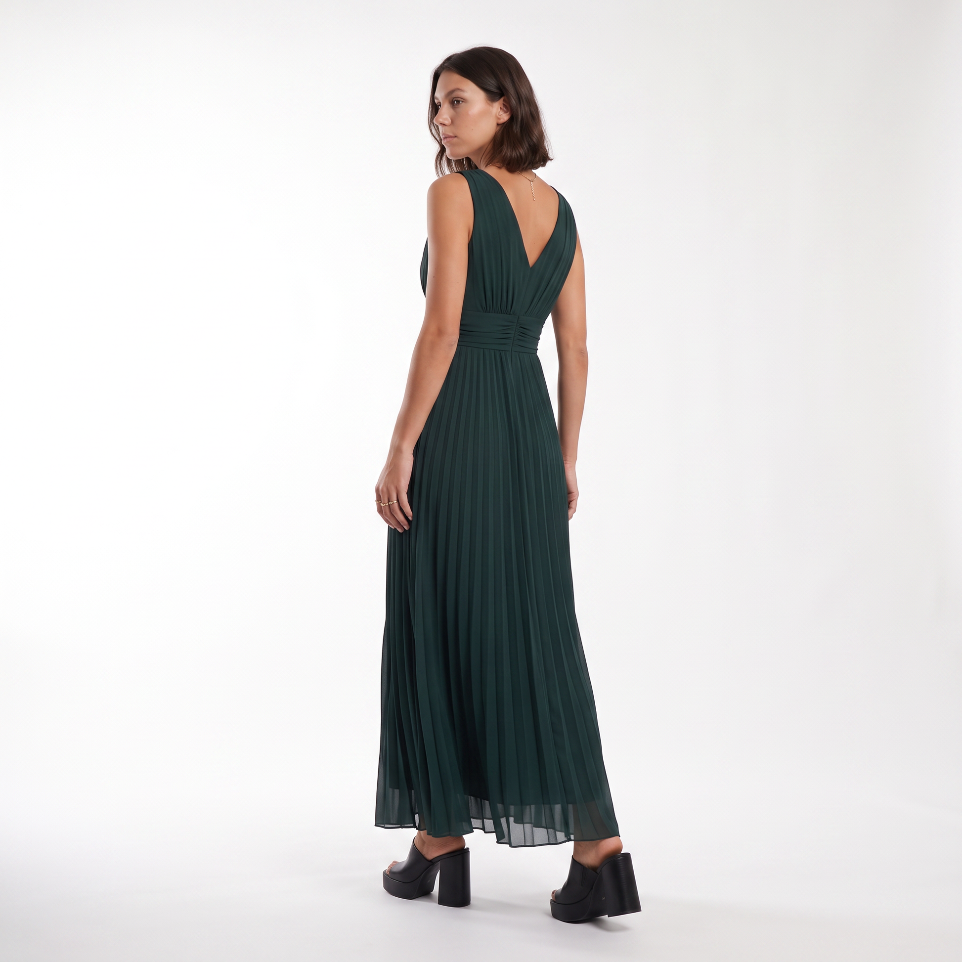 Sunoire womens pleated v neck maxi dress elegant flowing occasion dress back view 01