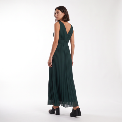 Sunoire womens pleated v neck maxi dress elegant flowing occasion dress back view 01