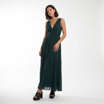 Sunoire womens pleated v neck maxi dress elegant flowing occasion dress front hero 01