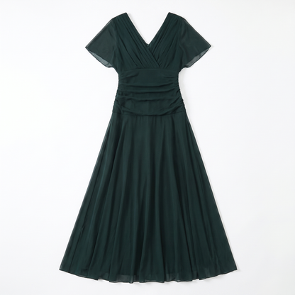 Sunoire womens pleated v neck maxi dress elegant flowing occasion dress garment flatlay 01
