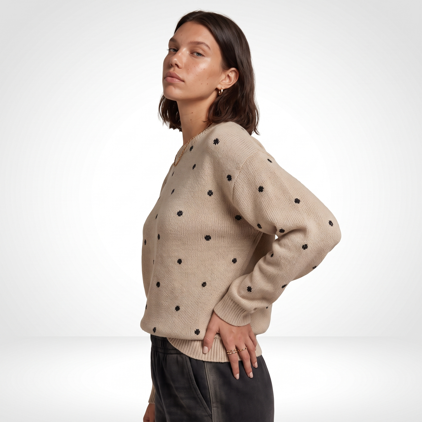 Sunoire Polka-Dot Long Sleeve Knit Top top side crop