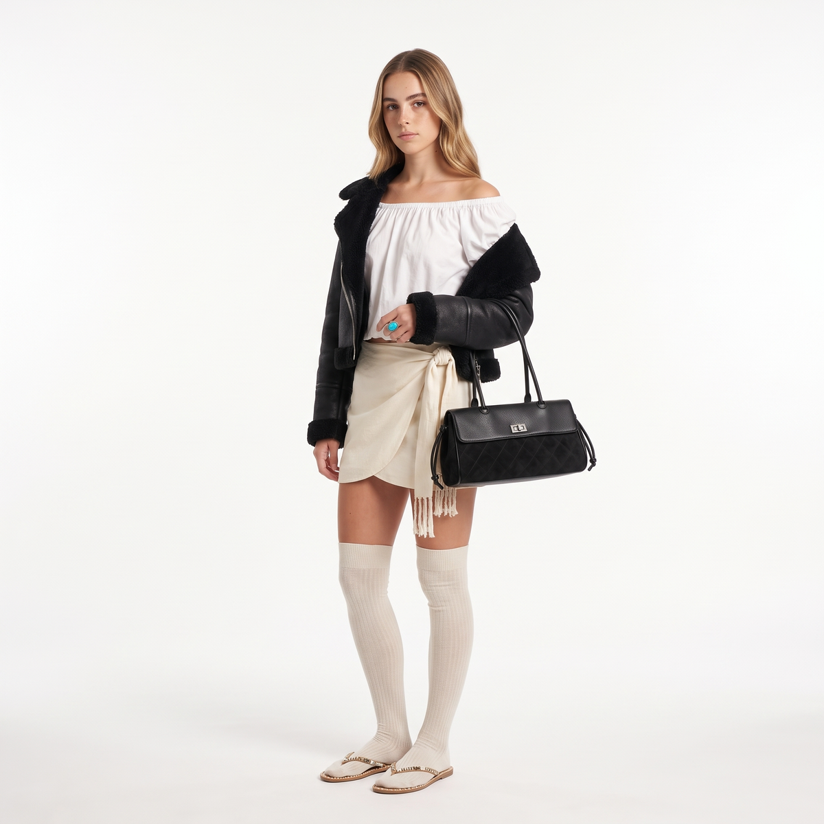 Women's Quilted Faux Suede Flap Shoulder Bag, worn by a model