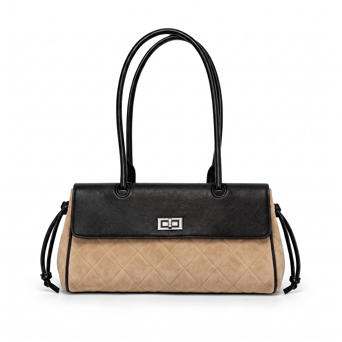 Women's Quilted Faux Suede Flap Shoulder Bag in Beige