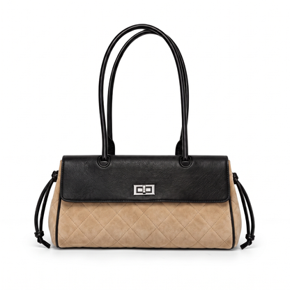 Women's Quilted Faux Suede Flap Shoulder Bag in Beige