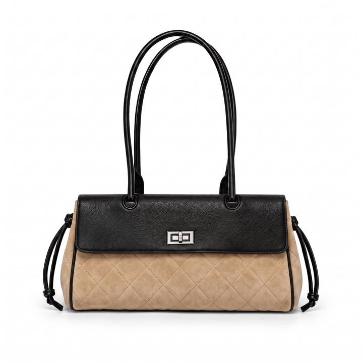 Women's Quilted Faux Suede Shoulder Bag, Black Flap Bag — Beige