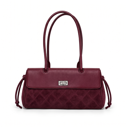 Women's Quilted Faux Suede Flap Shoulder Bag in Burgundy