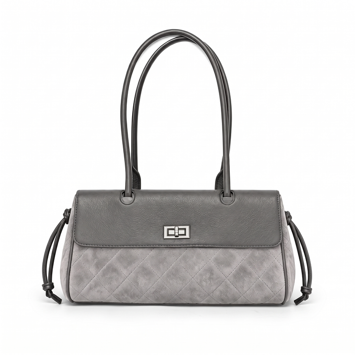 Women's Quilted Faux Suede Shoulder Bag, Black Flap Bag — Grey