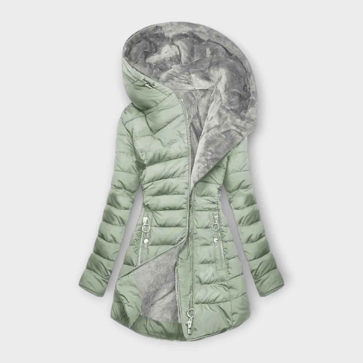 Women's quilted zip-up hood puffer coat with faux fur lining in Light Green